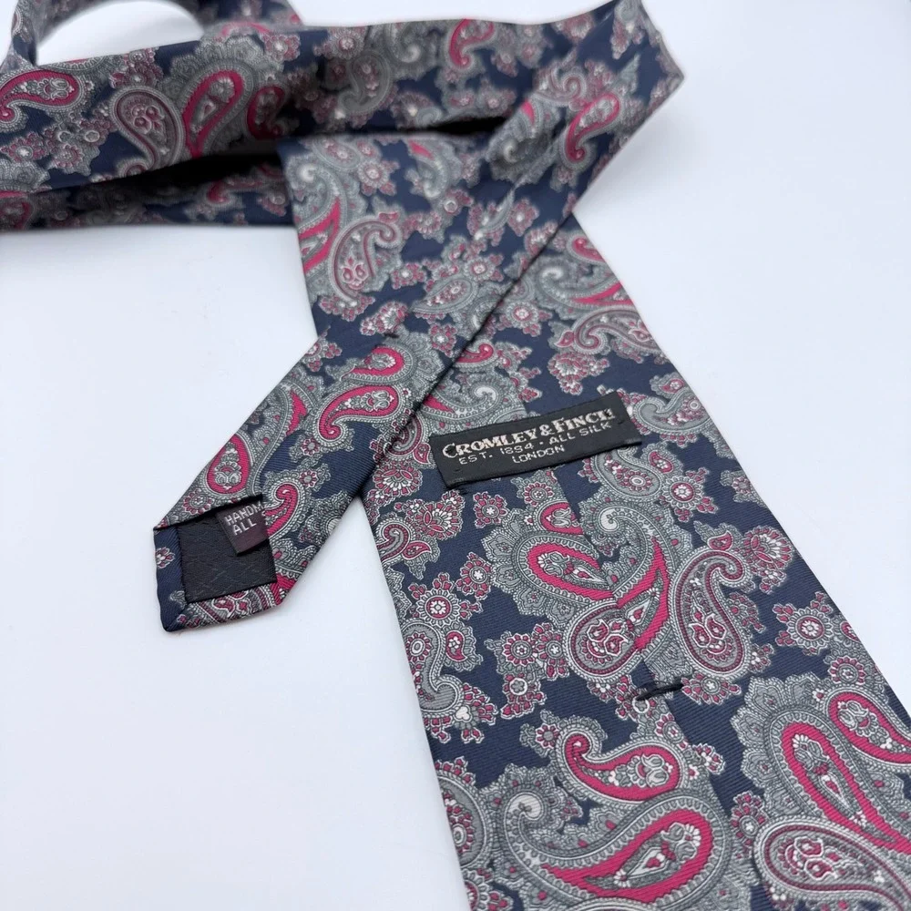 Cromley & Finch London Handmade All Silk Paisley Tie Navy‎ Blue Burgundy 4 Inch